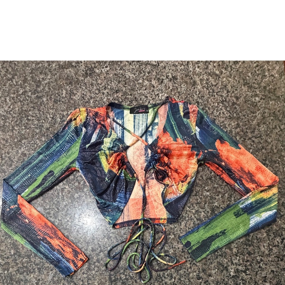 Jennifer's Collection Womens Abstract Print Long Sleeve Crop Top Multi-Color S